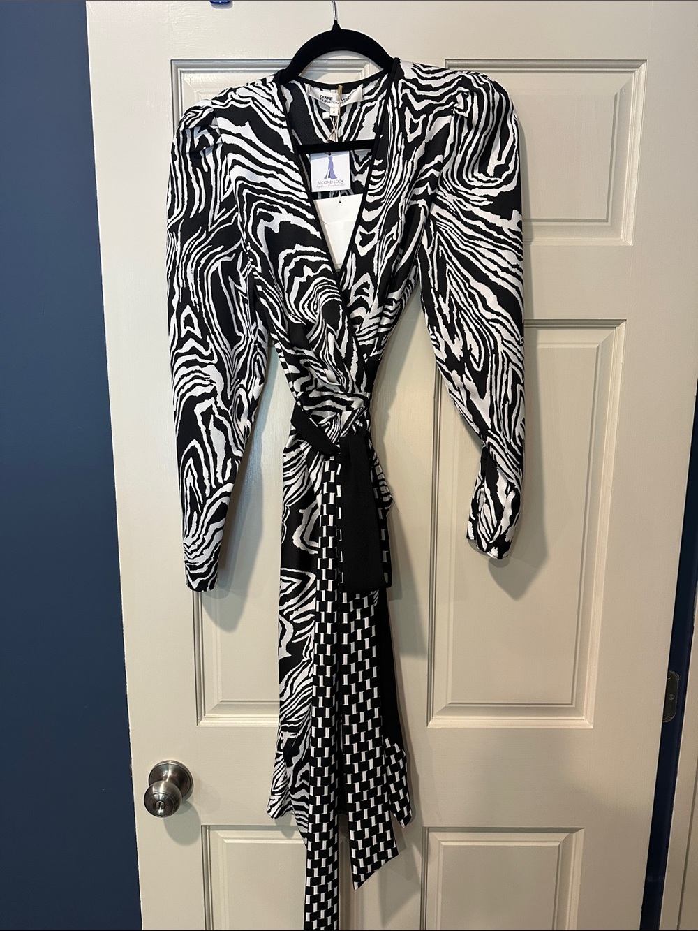 Diane Von Furstenberg Black & White Patterned Midi Wrap Dress